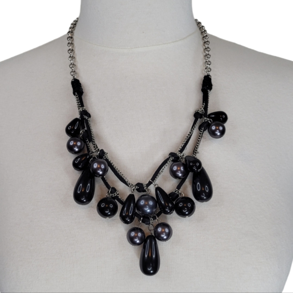 Rachel Silk Cord & Drop Bead Necklace 2 Layer Black & Gray  Industrial Modern